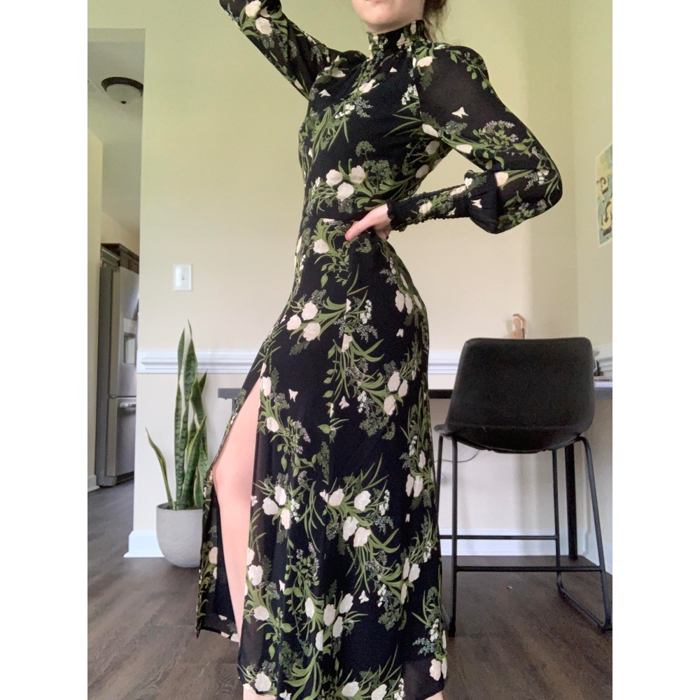 Reformation Valentin Midi Dress Black Floral Smocked High Neck Size Small 4